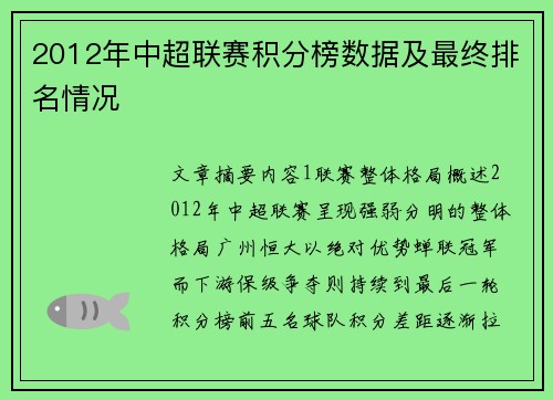 2012年中超联赛积分榜数据及最终排名情况