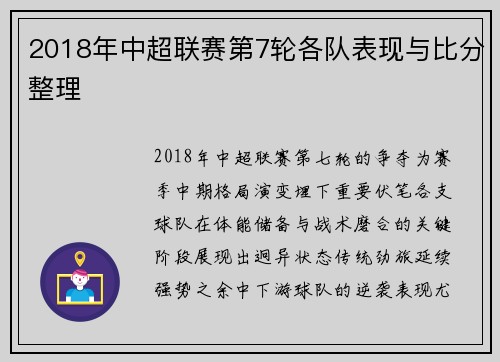 2018年中超联赛第7轮各队表现与比分整理